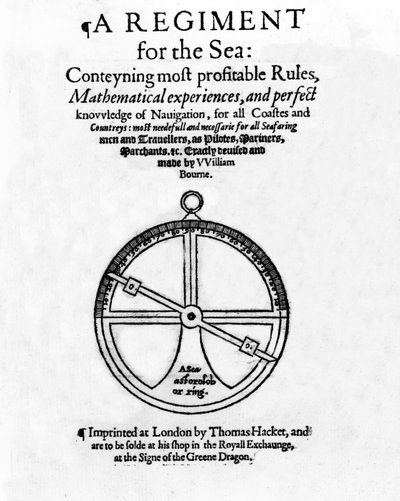 ウィリアムボーン著 『海の連隊』のタイトルページ、c.1574（活版印刷と彫刻）を発行 作： English School