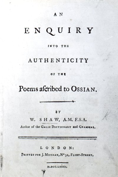 1781年に出版されたWilliam ShawによるOssianの詩の真正性に関する調査のタイトルページ（印刷された紙） 作： English School