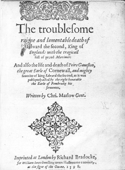 エドワード2世のタイトルページ、クリストファーマーロウ著、1598年発行（印刷物） 作： English School