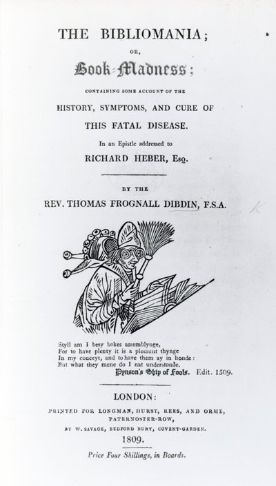 Thomas Frognall Dibdin牧師によるBibliomaniaのタイトルページ、1809年発行（印刷物） 作： English School
