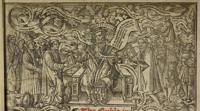 「偉大な聖書」からの「即位したヘンリー8世」を描いたタイトルページの詳細、1541年頃（木版画） 作： English School