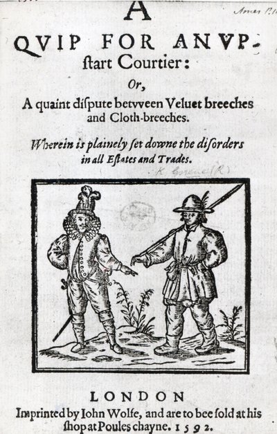 ロバート・グリーン著、新興の廷臣のためのQuipのタイトルページ、1592年 作： English School