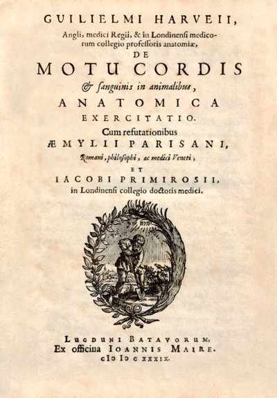 1628年に出版されたウィリアム・ハーヴェイ（1578-1657）の「De Motu Cordis set Sanguinis in Animalibus（生きとし生けるものにおける心臓と血液の動き）」のタイトルページ。 作： English School