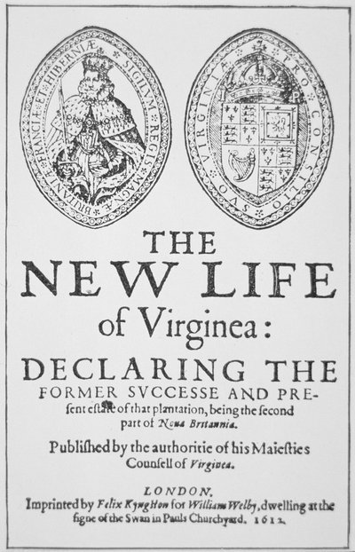 ロンドンで出版された「The New Life of Virginea」のタイトルページ 作： English School