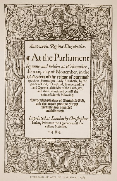 国会議事堂のタイトルページ、クリストファーバーカー（1528-99）、1585（セピア写真）によって印刷 作： English School