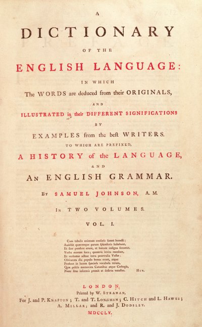 ジョンソンズ人間言語辞典、1755年のタイトルページ 作： English School