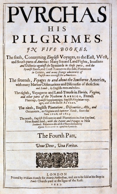 1625年に発行された、サミュエルプルチャスによる巡礼者の購入のタイトルページ 作： English School