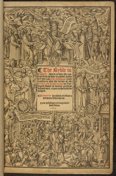 「クロムウェルの聖書」として知られる大聖書のタイトル ページ。 作： English School