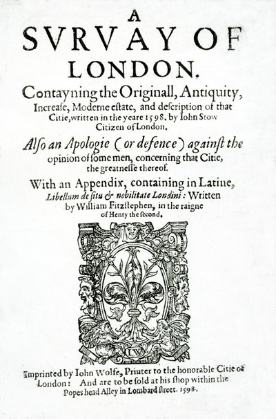 1598年に出版された、ジョンストウによるロンドンの調査のタイトルページ（印刷された紙） 作： English School