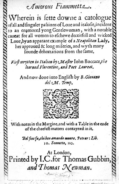 ジョバンニボッカチオのAmorous Fiammettaのタイトルページ、1587年発行の英語訳 作： English School