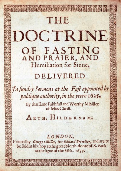 アーサー・ヒルダーサム作「断食の教義」のタイトルページ、1633年（印刷） 作： English School