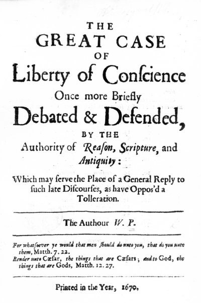1670年に出版されたWilliam Pennによる「良心の自由の大事件」のタイトルページ 作： English School