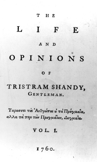 1760年に出版されたローレンス・スターンの紳士、トリストラム・シャンディの生涯と意見のタイトルページ 作： English School