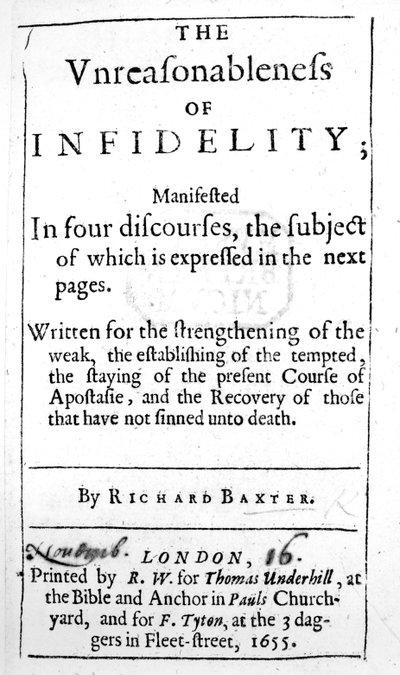 1655年に出版されたリチャードバクスターによる不貞の不合理へのタイトルページ 作： English School