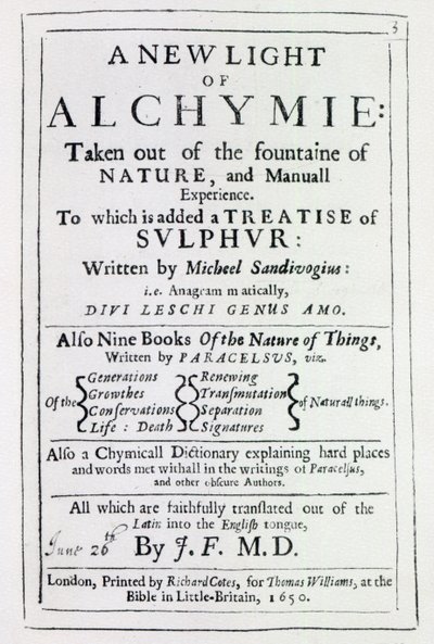 Michal Sedziwoj、1650（印刷）による英語版のA New Light on Alchemyのタイトルページ 作： English School