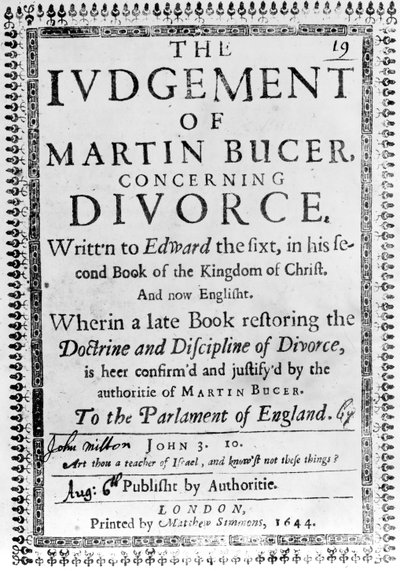 1644年に出版されたジョンミルトンによる離婚に関するマーティンバーサーの判決のタイトルページ（印刷された紙） 作： English School