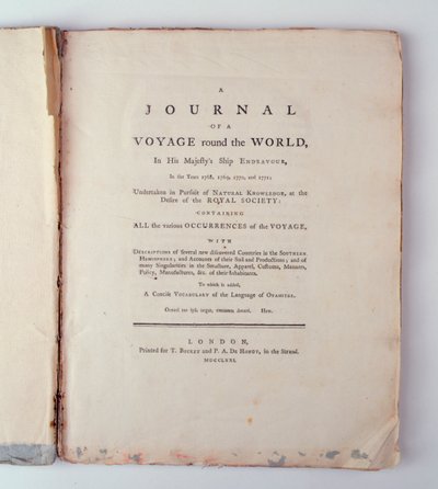 1768年、1779年、1770年、および1771年の陛下の船の努力における世界一周航海のジャーナルのタイトルページ、ロンドンで出版されたd、1771年（印刷） 作： English School