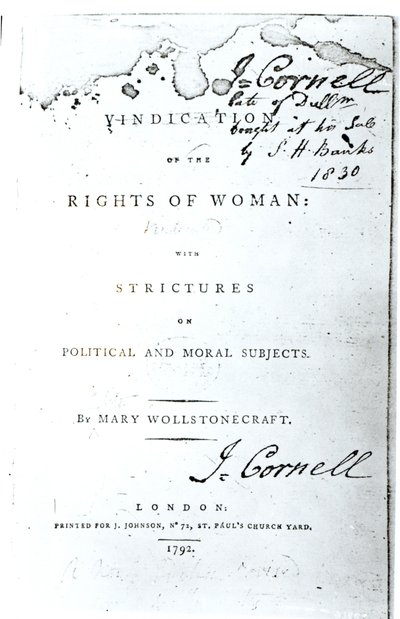 メアリー・ウォルストーンクラフト作「女性の権利の擁護」のタイトルページ、1792年発行 作： English School