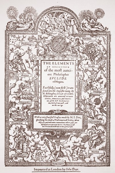 ユーデイズエレメンツの初期翻訳のタイトルページ、ジョンデイ、ロンドン、1570-71年 作： English School