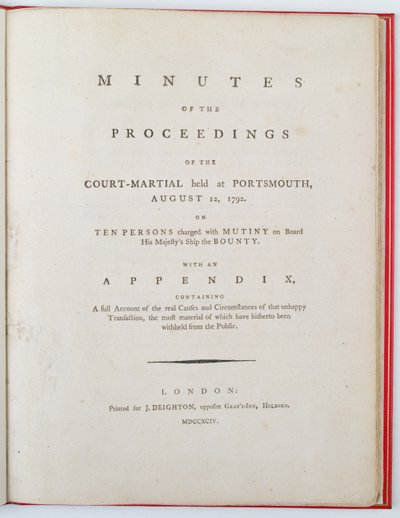1792年8月12日ポーツマスで開催された軍法会議議事録のタイトルページ、ロンドンで発行、1794年（印刷） 作： English School