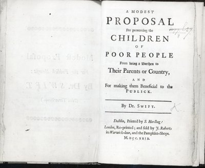 1729年に発行されたJonathan Swiftによる控えめな提案のタイトルページ（印刷） 作： English School
