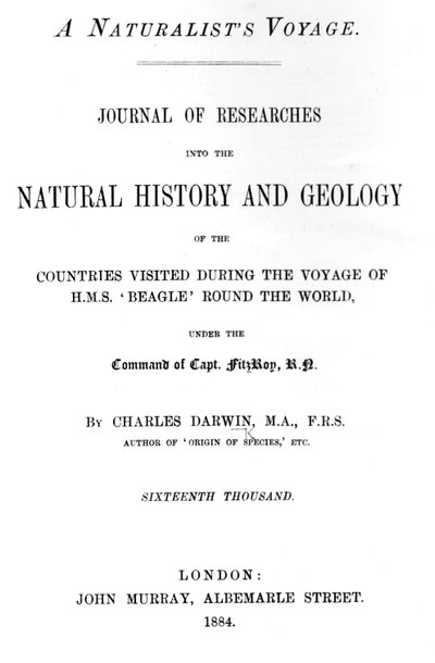 1884年に発行されたチャールズダーウィンによる版「世界の自然主義者の航海」のタイトルページ（印刷された紙） 作： English School