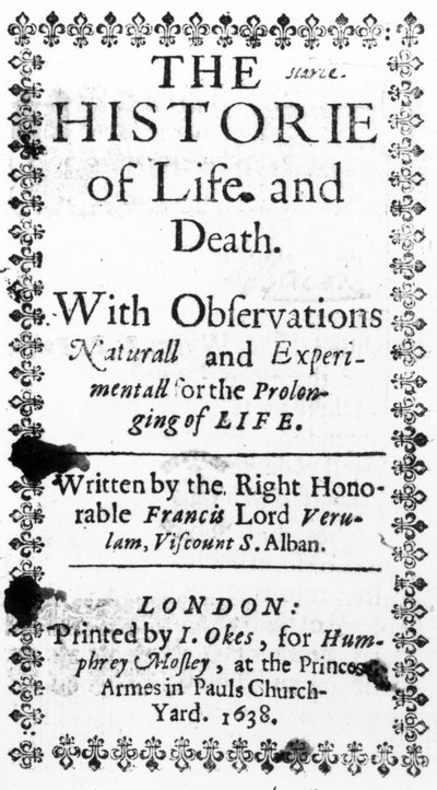 フランシス・ベーコンのタイトルページ、生と死の歴史、1638年に発行（印刷） 作： English School