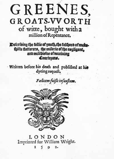 Greenes Groats-Worth of Witのタイトルページ、Robert Greene作、1592年発行（印刷物） 作： English School