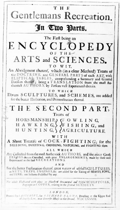 リチャード・ブルーム発行のジェントルマンズ・レクリエーションのタイトルページ、1686 作： English School
