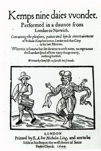 William Kemps Nine Days Wonderのタイトルページ、1600年に公開 作： English School