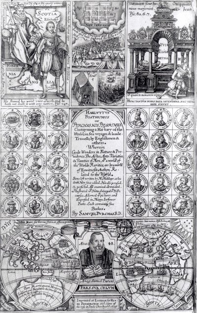 1625年に発行されたHakluytus PosthumusまたはPurchas His Pilgrimesの最初の版のタイトルページ 作： English School