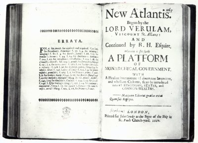 Francis Bacons New Atlantisのタイトルページ、1660年に発行された版（印刷） 作： English School
