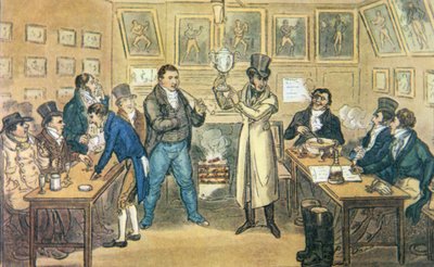 ホルボーンのユニオン・アームズのトム・クリッブのパーラーで、クリッブのカップを掲げている。1821年に出版されたピアース・イーガンの「Life in London」に掲載されたクルイックシャンクのアクアチントより（カラーリトグラフ版 作： English School