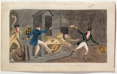 トムとボブがチャーリーの昼寝をとらえる、1821年（アクアチント） 作： English School