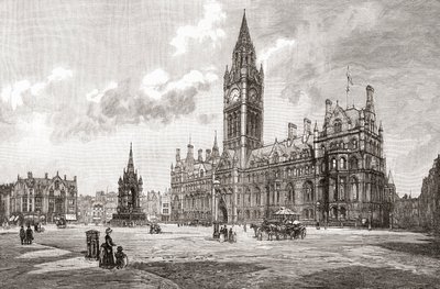 タウンホール、アルバート・スクエア、マンチェスター、1893年頃発行の「Cities of the World」より（プリント） 作： English School