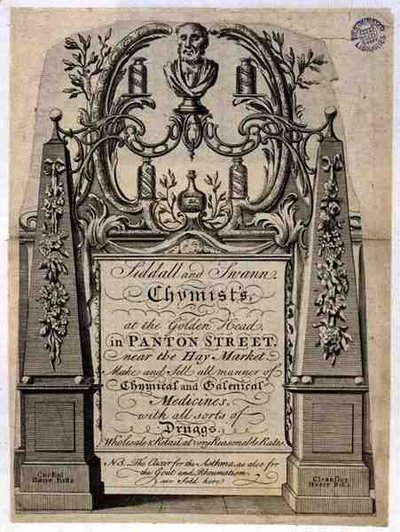 Siddall and Swann, Chemists, at the Golden Head, Panton Street, Londonのトレードカード(彫刻) 作： English School