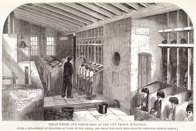 ロンドンの刑務所刑務所とヘンリーメイヒュー（1812-87）とジョンビニー、1862年の刑務所生活のシーンからのホロウェイ市刑務所でのトレッドホイールとオークムシェッド 作： English School
