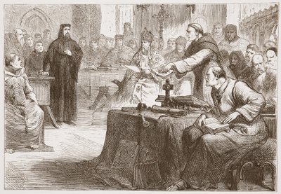 ウィクリフの試練、ジェームズ・エイトケン・ワイリー（1808-1890）によるパブのプロテスタンティズムの歴史からのイラスト。 1878 作： English School
