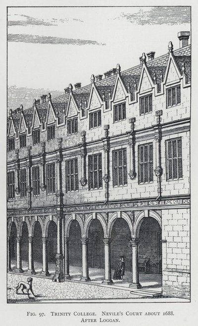 1688年頃のトリニティ・カレッジ、ネビルズ・コート、ログガンの後（エングレーヴィング 作： English School