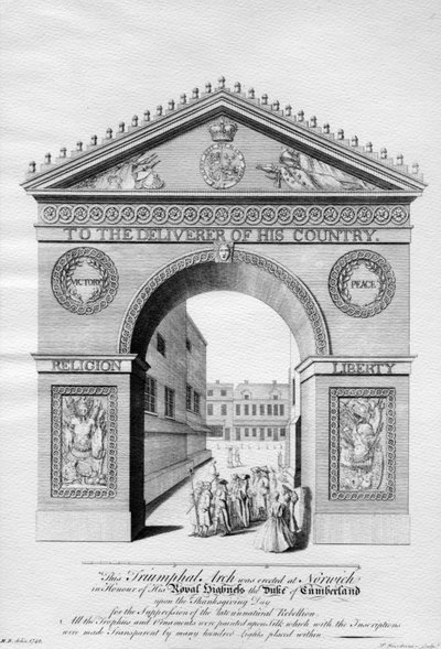カンバーランド公爵に敬意を表してノーリッチに建立された凱旋門、1746年にポールフルドリニアが彫刻 作： English School