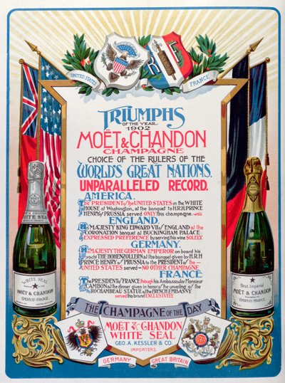 1902年の勝利、モエ・エ・シャンドン・シャンパーニュ、世界各国の支配者が選ぶ」、雑誌「The Theatre」の広告 作： English School