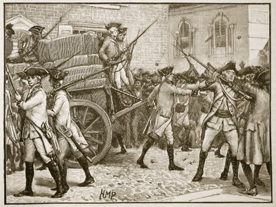 1766年、ニューヨークの市役所にスタンプされた紙を護衛する部隊、カッセルズイラストレイテッドイングランドオブイングランドのイラスト（セピア写真） 作： English School