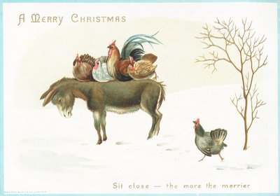 トルコとロバの上に座っている鶏とクリスマスカード 作： English School
