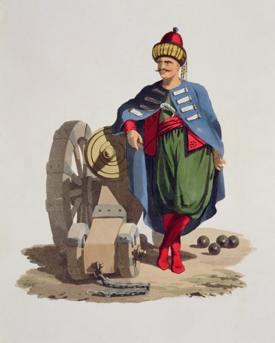 トルコの兵士、さまざまな国の衣装、第VII巻、トルコのミリタリーコスチューム、Thomas MacLean作、c.1800-18（ハンドアクアチン） 作： English School