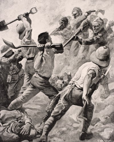 1916年にロンドンで出版された「The War Illustrated Album deLuxe」から、ガリポリ半島トルコ1915年に手に手を取り合って戦うトルコとイギリスの兵士 作： English School