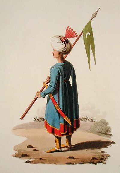 トルコの兵士、1800年から18年頃に出版されたThomas MacLean著「Costumes of the Various Nations」第7巻「The Military Costume of Turkey」より（手彩色アクアチント）。 作： English School