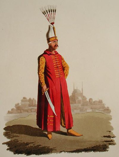 トルコの戦士、1800年から18年頃に出版されたThomas MacLean著「Costumes of the Various Nations」第7巻「The Military Costume of Turkey」より（手彩色アクアチント）。 作： English School