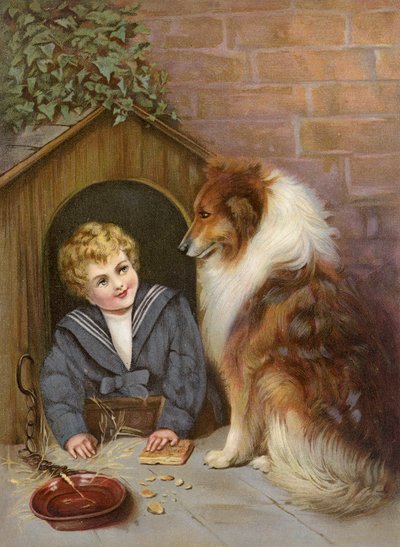Turned Out - コリー犬のふりをする少年（カラーリトグラフ） 作： English School