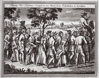 22人の囚人がコルチェスターからロンドンに1人のバンドを連れてきた、Foxes Martyrs c.1703のイラスト 作： English School