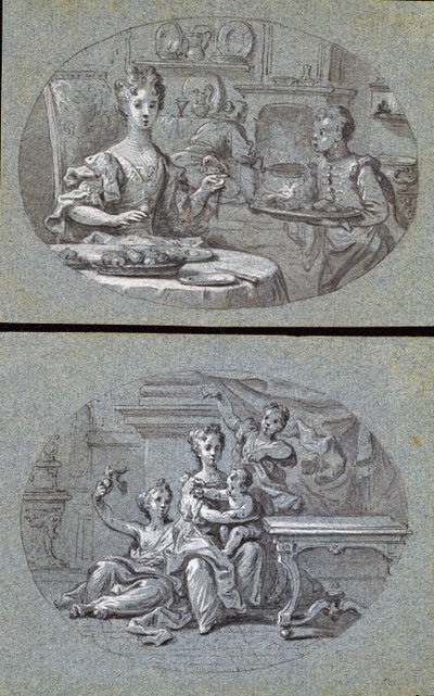 2つの国内のシーン、c.1725（青い紙に黒と白のチョーク） 作： English School